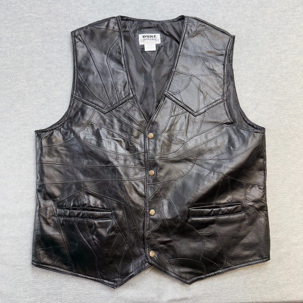 Duke Haband Leather Vest Mens Large Black Snap Button Patchwork Biker Waistcoat